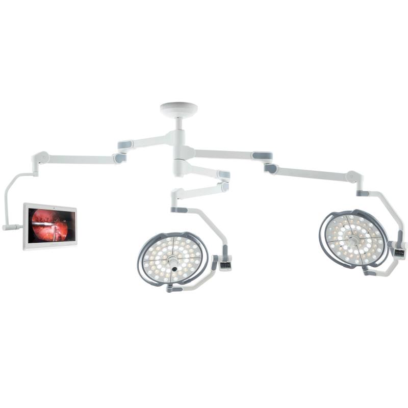 Dual-head surgical lights with camera and arm-mounted 27" medical monitor LD20.53S